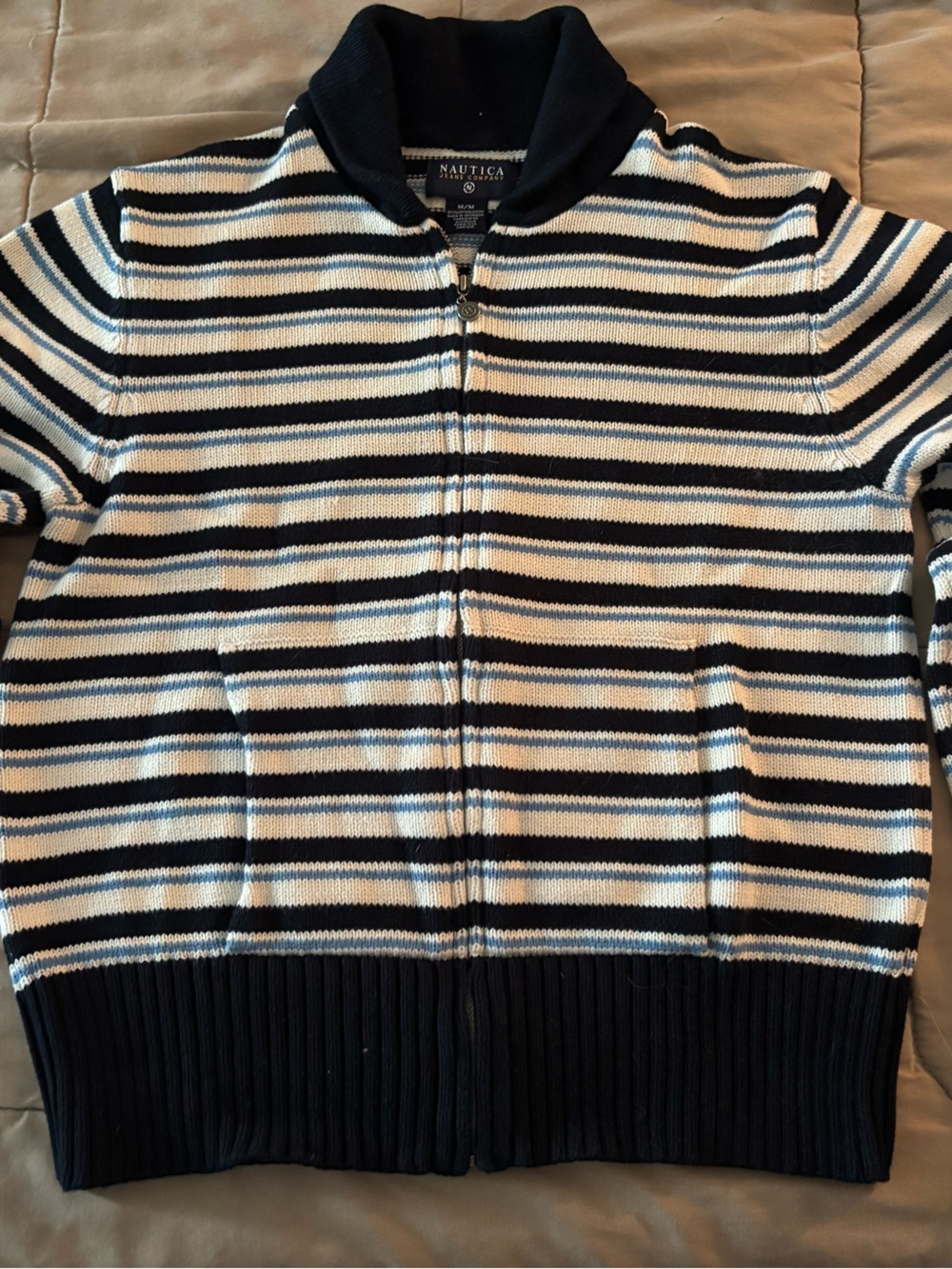 Nautica Striped Zip-Up Sweater Jacket in Navy, White & Light Blue